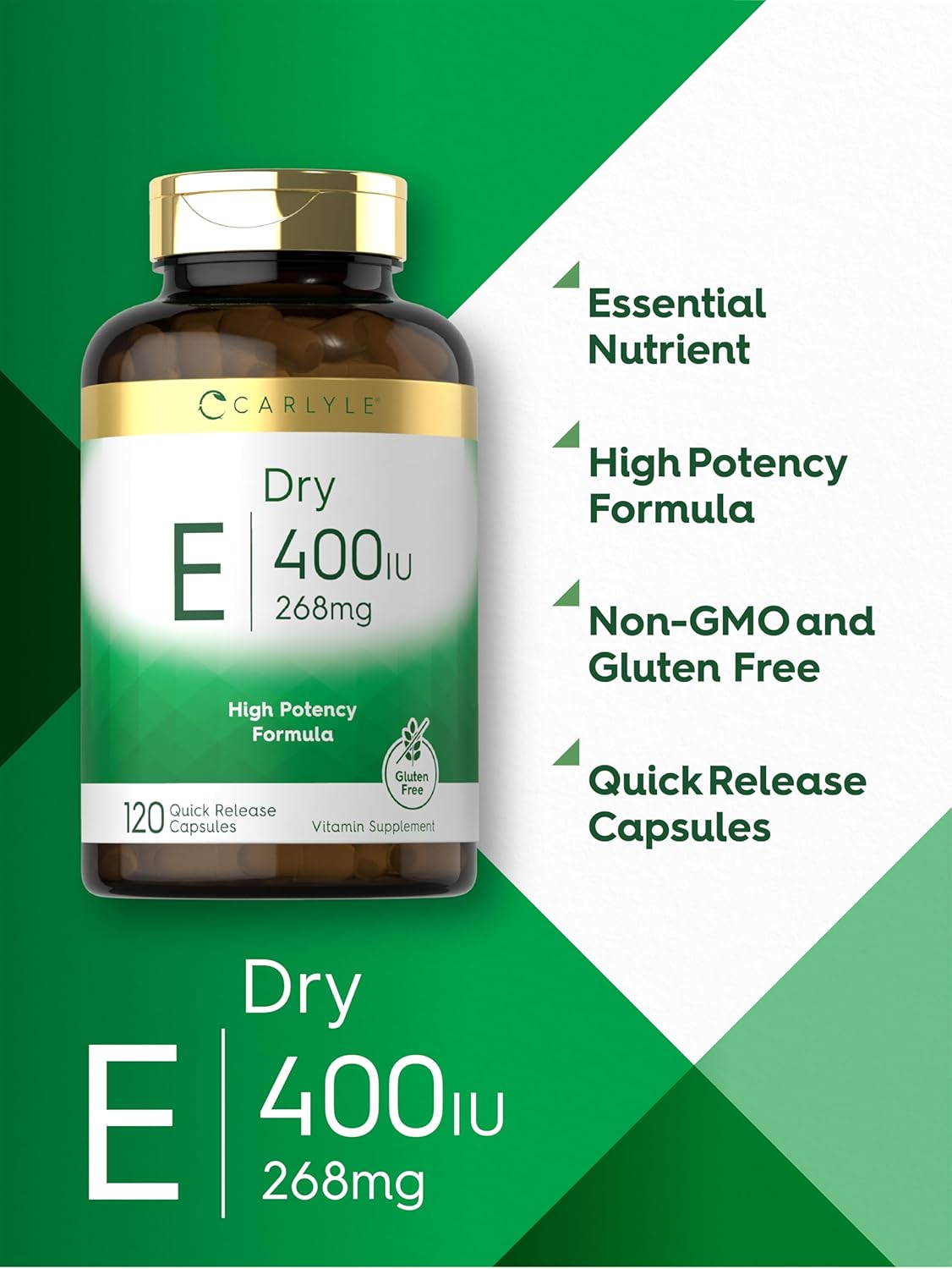 Carlyle High Potency Dry Vitamin E Capsules - 400 IU (268mg) - Non-GMO & Gluten Free - 120 Count