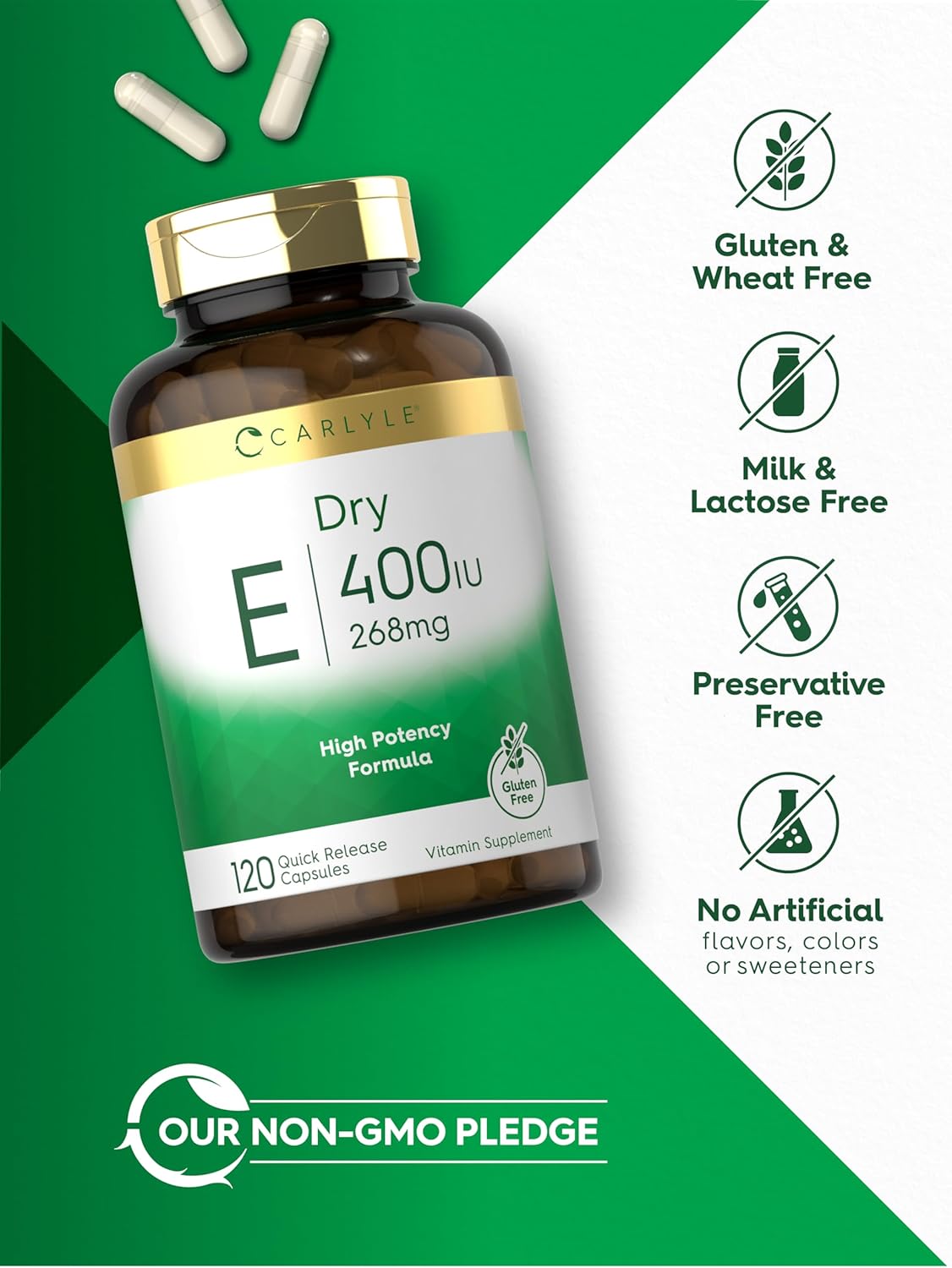 Carlyle High Potency Dry Vitamin E Capsules - 400 IU (268mg) - Non-GMO & Gluten Free - 120 Count