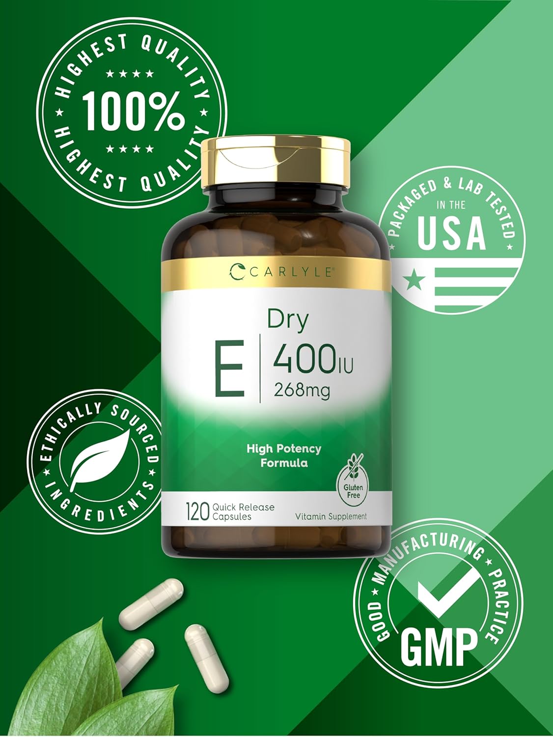 Carlyle High Potency Dry Vitamin E Capsules - 400 IU (268mg) - Non-GMO & Gluten Free - 120 Count