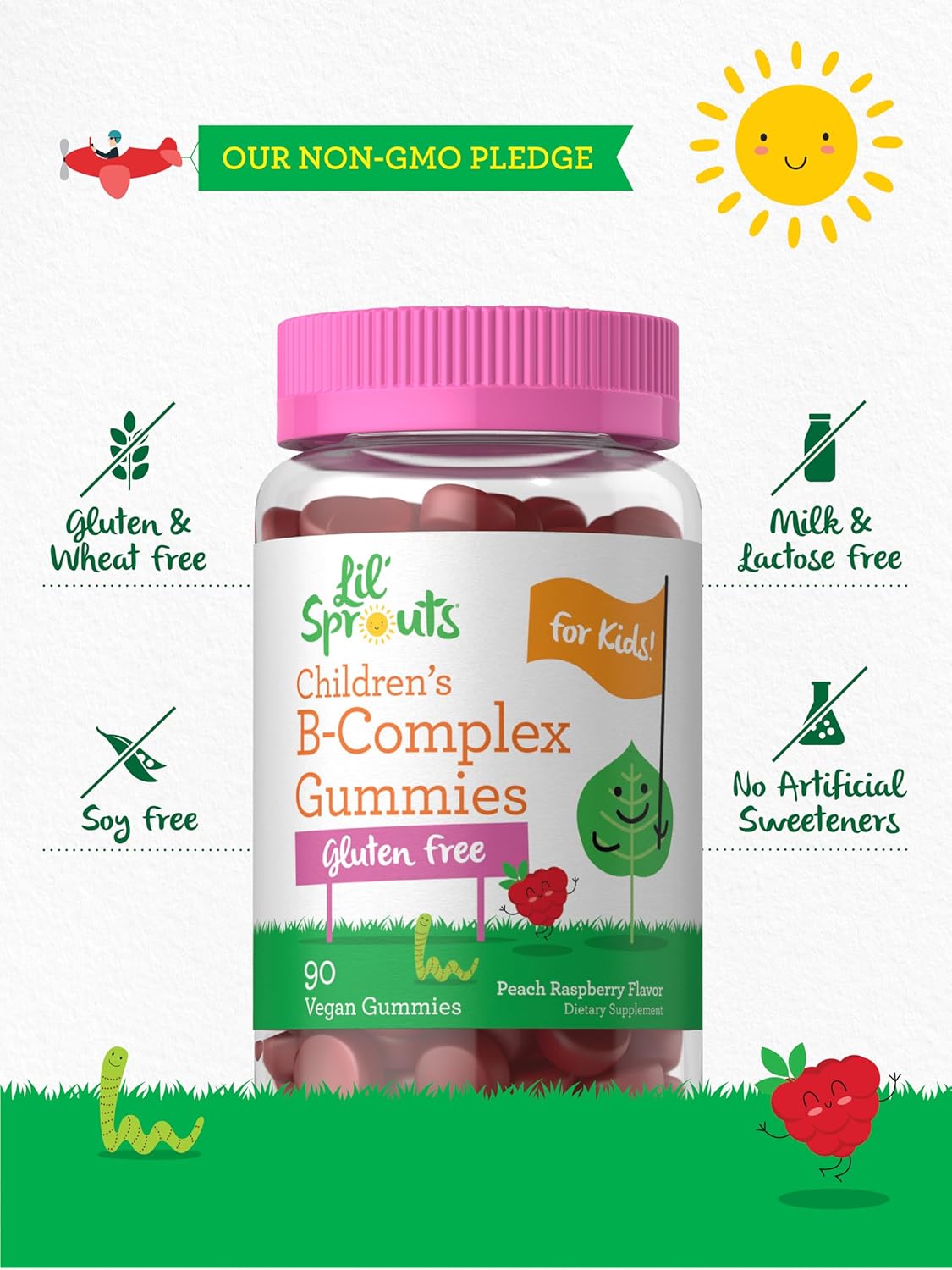 Carlyle Kids B Complex Gummies - 90 Count - Peach Raspberry Flavored - Non-GMO, Gluten Free & Vegan - Lil' Sprouts Brand
