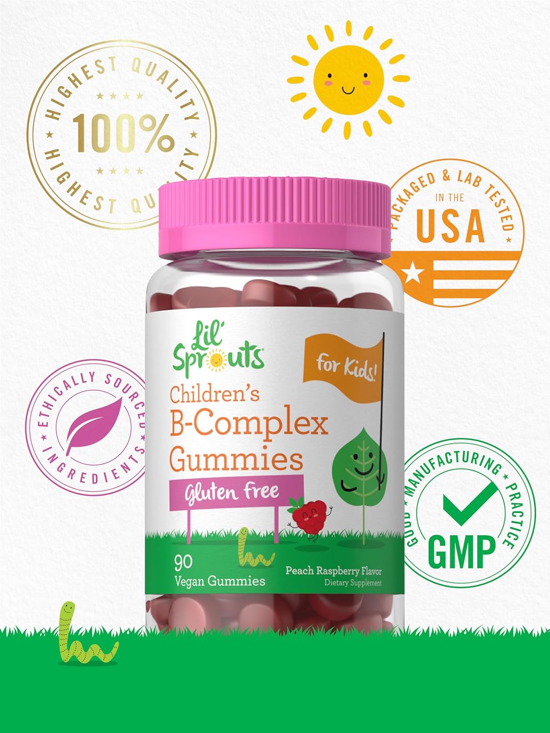 Carlyle Kids B Complex Gummies - 90 Count - Peach Raspberry Flavored - Non-GMO, Gluten Free & Vegan - Lil' Sprouts Brand