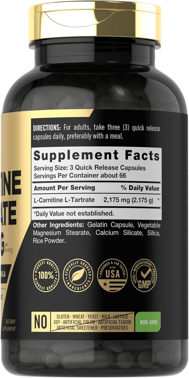 Carlyle L-Carnitine L-Tartrate 2175mg | 200 Capsules | Advanced Athlete Formula | Workout Supplement | Non-GMO | Gluten Free