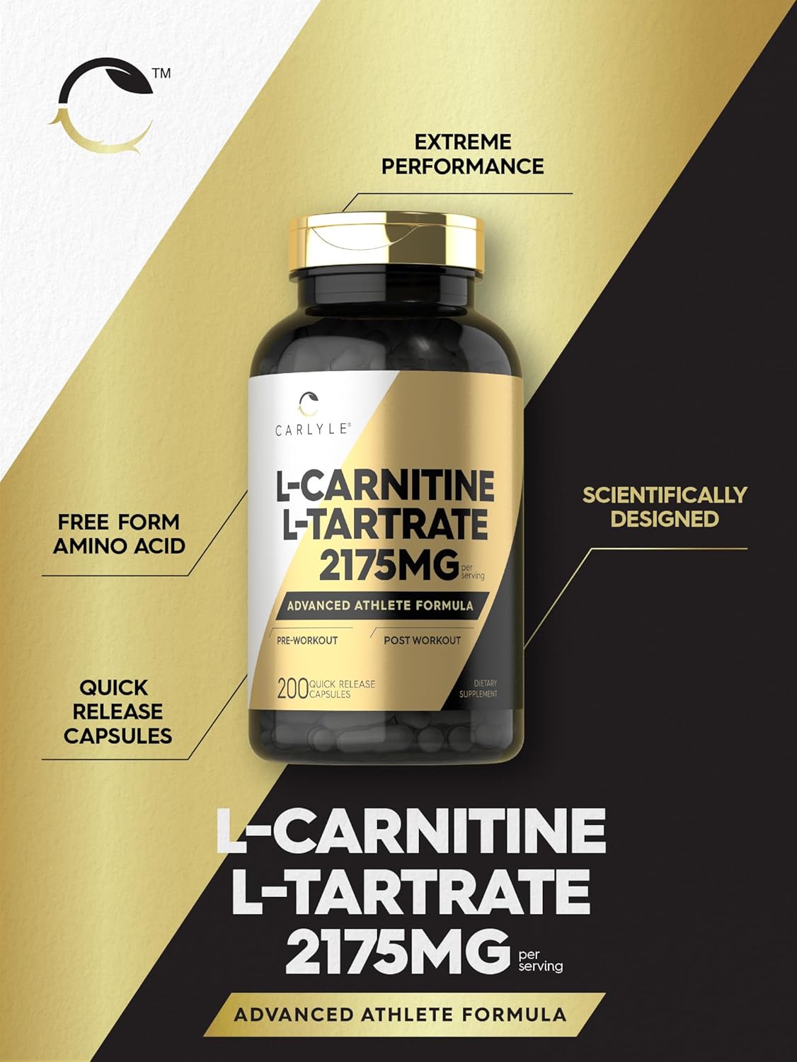 Carlyle L-Carnitine L-Tartrate 2175mg | 200 Capsules | Advanced Athlete Formula | Workout Supplement | Non-GMO | Gluten Free