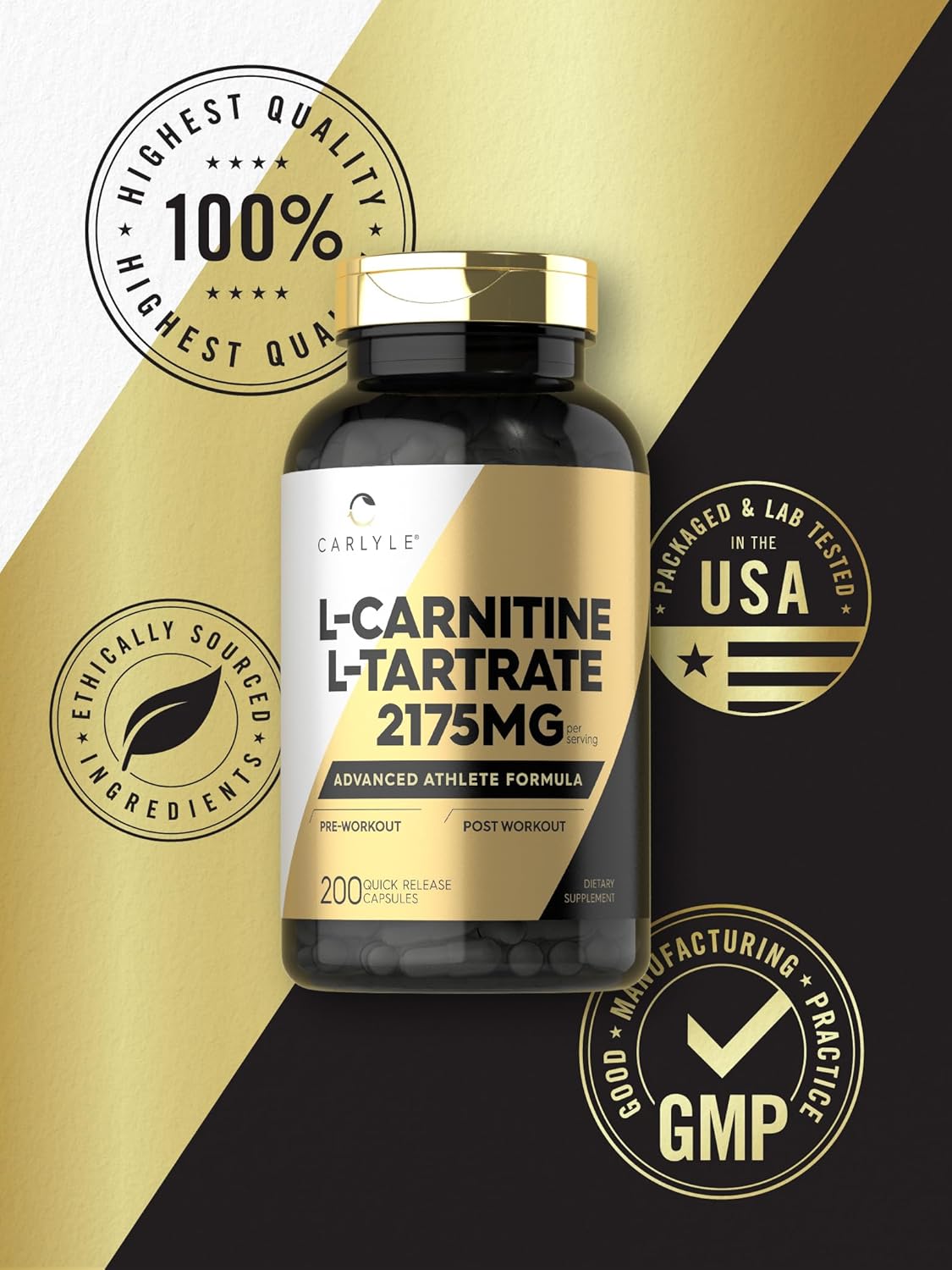 Carlyle L-Carnitine L-Tartrate 2175mg | 200 Capsules | Advanced Athlete Formula | Workout Supplement | Non-GMO | Gluten Free