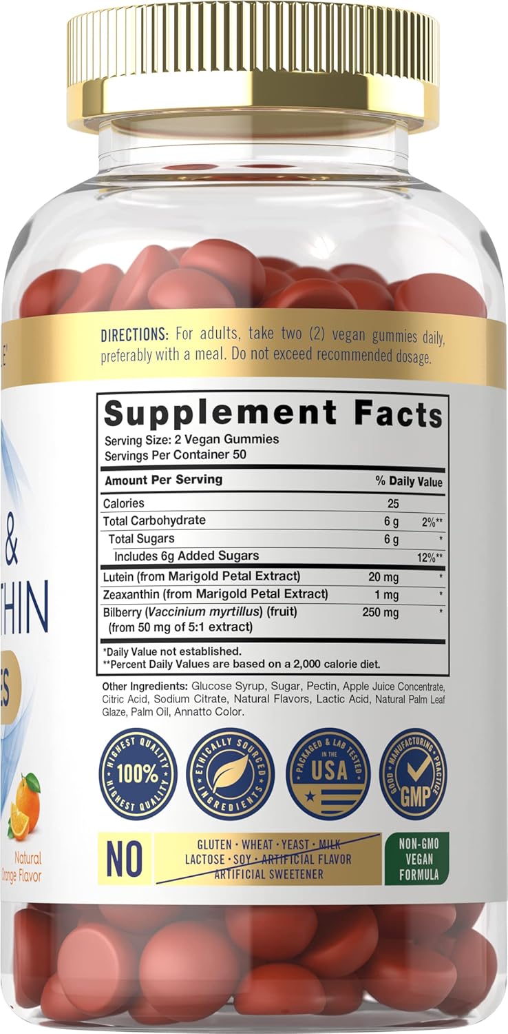 Carlyle Lutein and Zeaxanthin Gummies - 20mg Lutein Supplement - 100 Orange Vegan Gummies - Non-GMO, Gluten Free