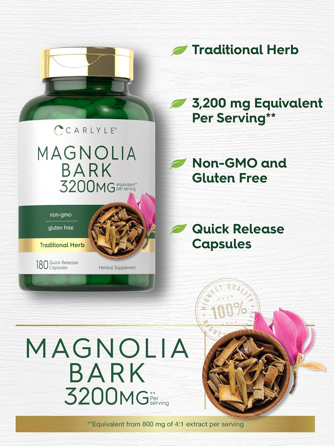 Carlyle Magnolia Bark Extract Capsules 3200mg - 180 Count - Non-GMO and Gluten Free Herbal Supplement