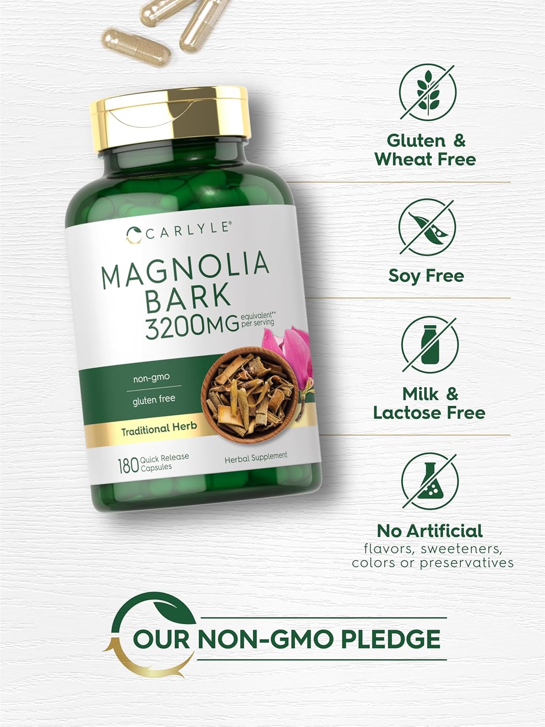 Carlyle Magnolia Bark Extract Capsules 3200mg - 180 Count - Non-GMO and Gluten Free Herbal Supplement