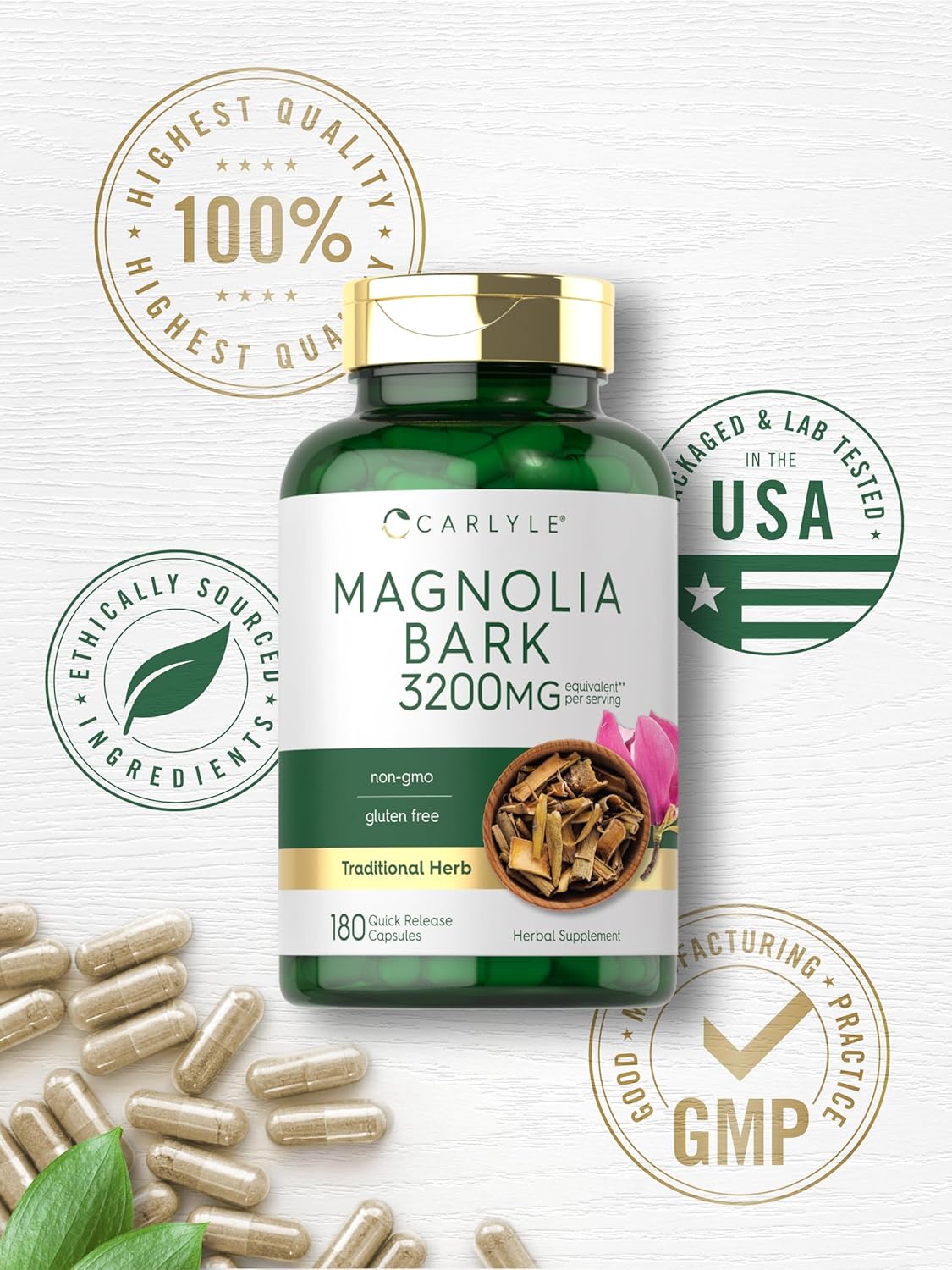 Carlyle Magnolia Bark Extract Capsules 3200mg - 180 Count - Non-GMO and Gluten Free Herbal Supplement