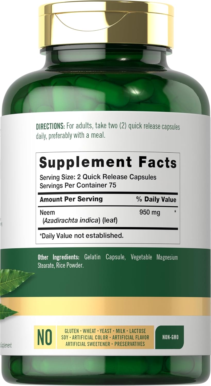 Carlyle Neem Leaf Powder Capsules - 950mg, 150 Count - Non-GMO Gluten Free Herbal Supplement