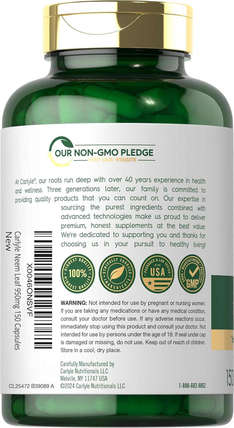 Carlyle Neem Leaf Powder Capsules - 950mg, 150 Count - Non-GMO Gluten Free Herbal Supplement