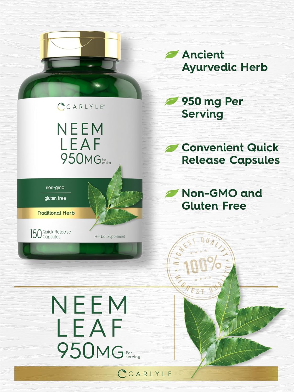 Carlyle Neem Leaf Powder Capsules - 950mg, 150 Count - Non-GMO Gluten Free Herbal Supplement