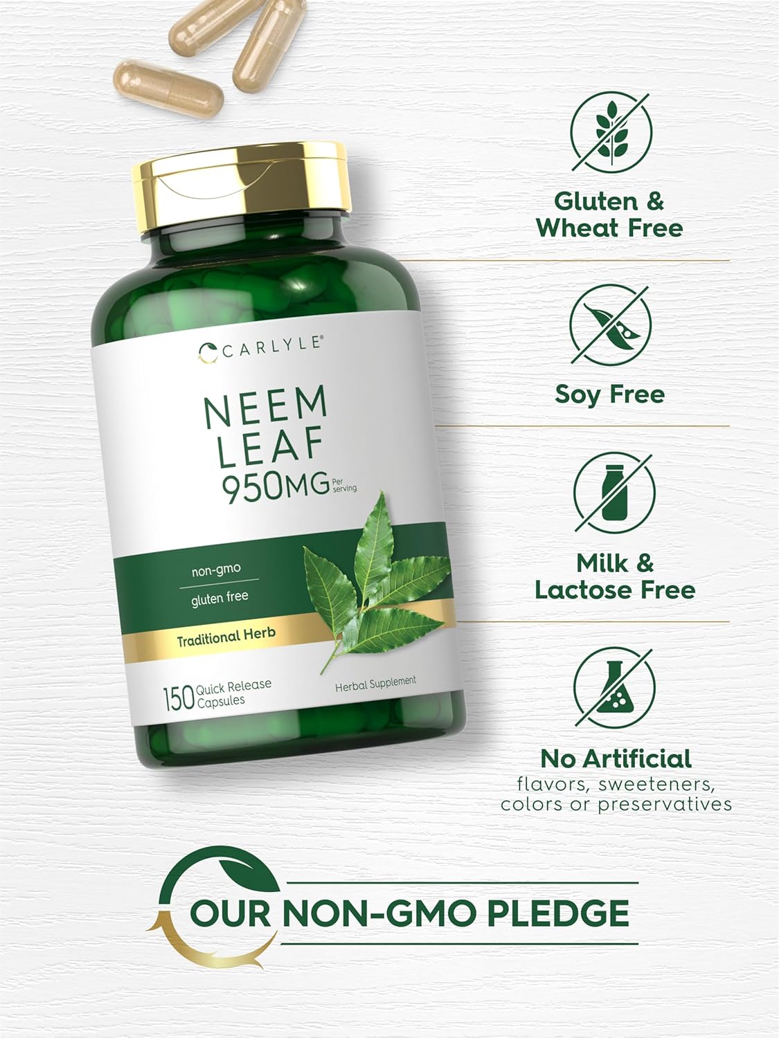 Carlyle Neem Leaf Powder Capsules - 950mg, 150 Count - Non-GMO Gluten Free Herbal Supplement