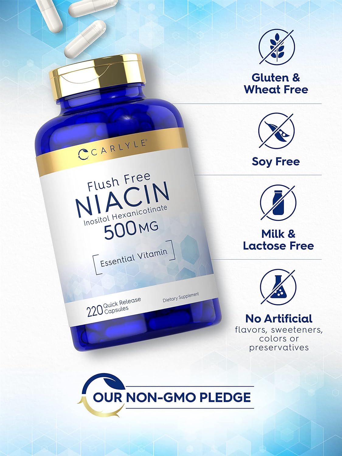 Carlyle Niacin 500mg Capsules | Flush-Free | 220 Count | Non-GMO & Gluten-Free Niacin Vitamin
