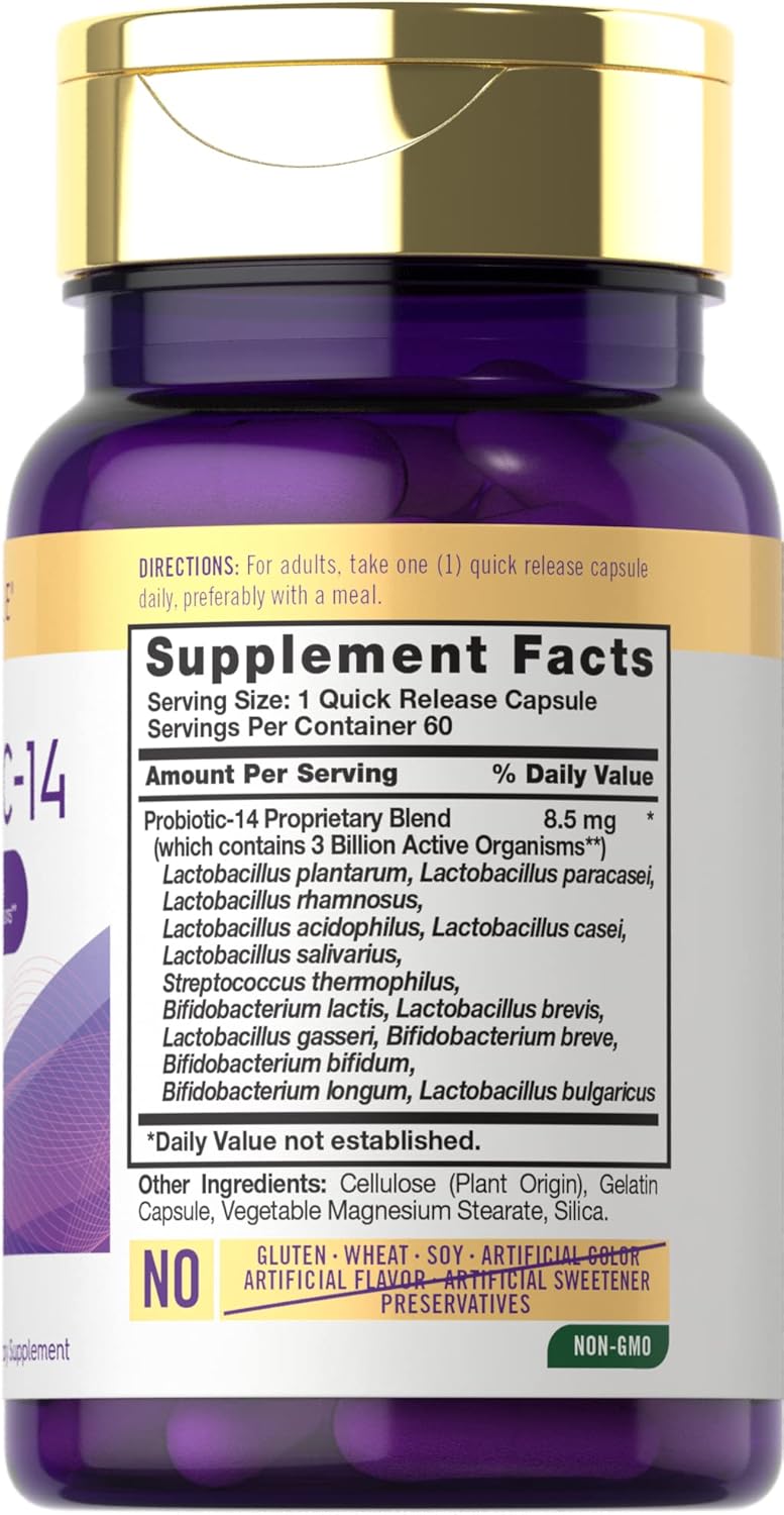 Carlyle Probiotic Capsules - 3 Billion CFU, 60 Count, 14 Strains - Non-GMO & Gluten Free