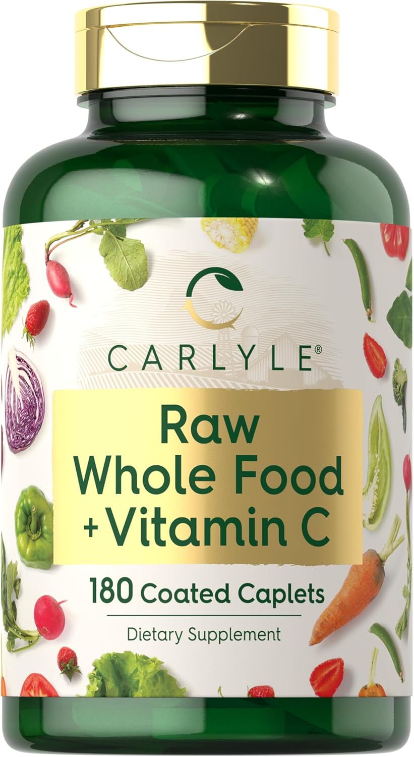 Carlyle Raw Whole Foods Vitamin C Caplets | 180 Count | Vegan, Non-GMO, Gluten Free Dietary Supplement