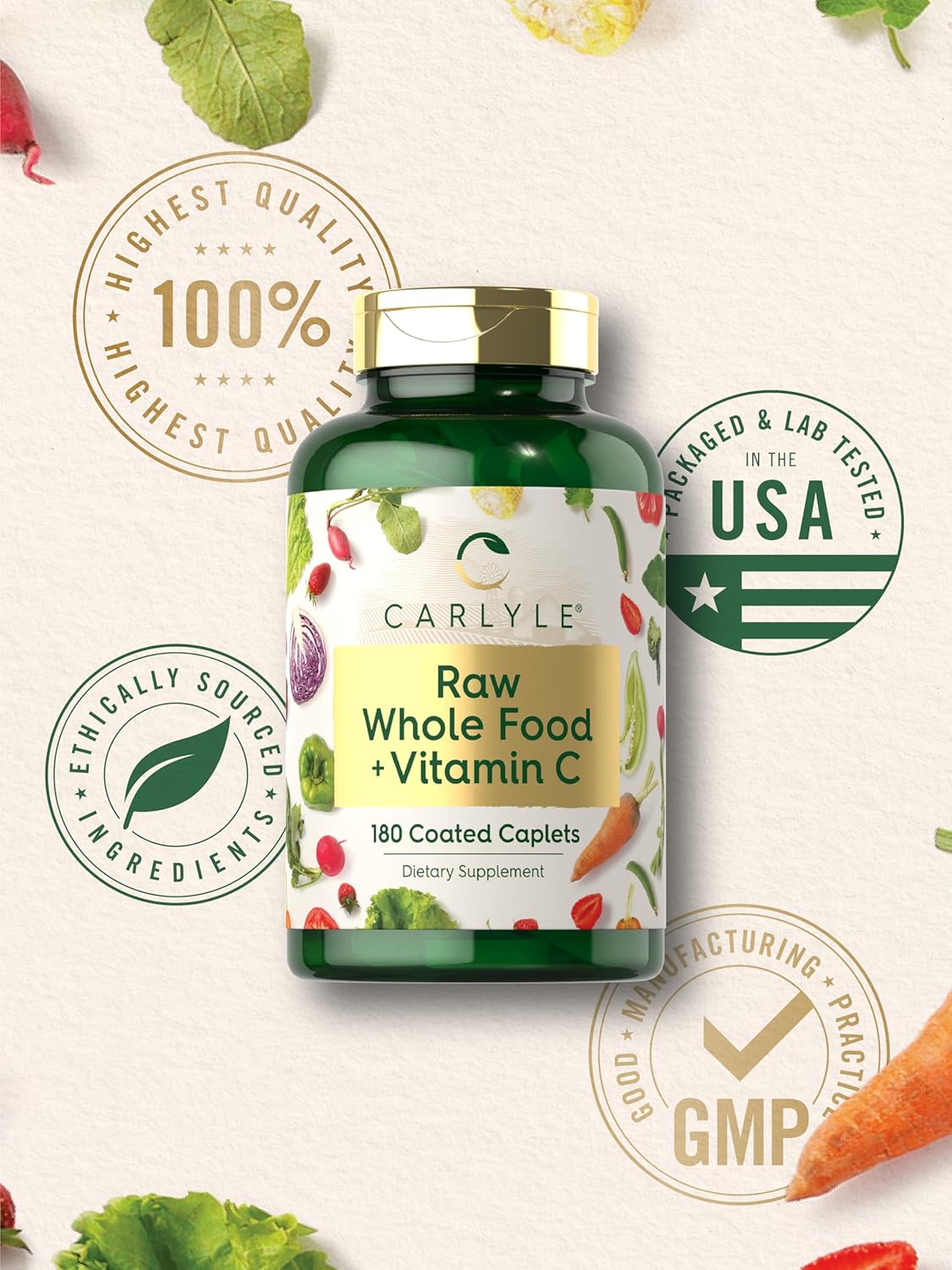 Carlyle Raw Whole Foods Vitamin C Caplets | 180 Count | Vegan, Non-GMO, Gluten Free Dietary Supplement
