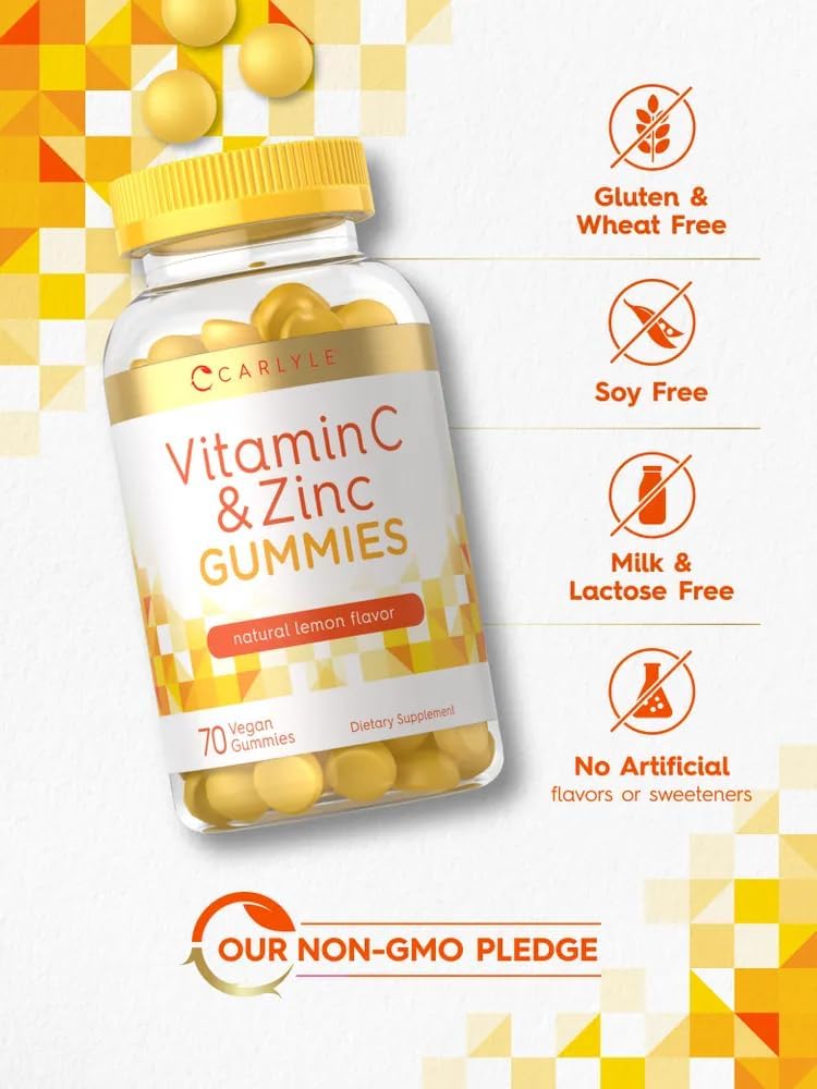 Carlyle Vitamin C and Zinc Gummies - 70 Count - Vegan, Non-GMO, Gluten Free - Lemon Flavor - Dietary Supplement - BoostGo Australia