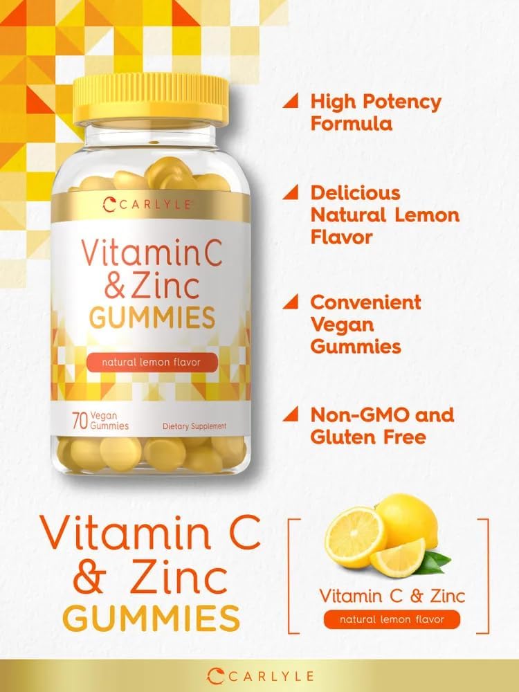 Carlyle Vitamin C and Zinc Gummies - 70 Count - Vegan, Non-GMO, Gluten Free - Lemon Flavor - Dietary Supplement - BoostGo Australia