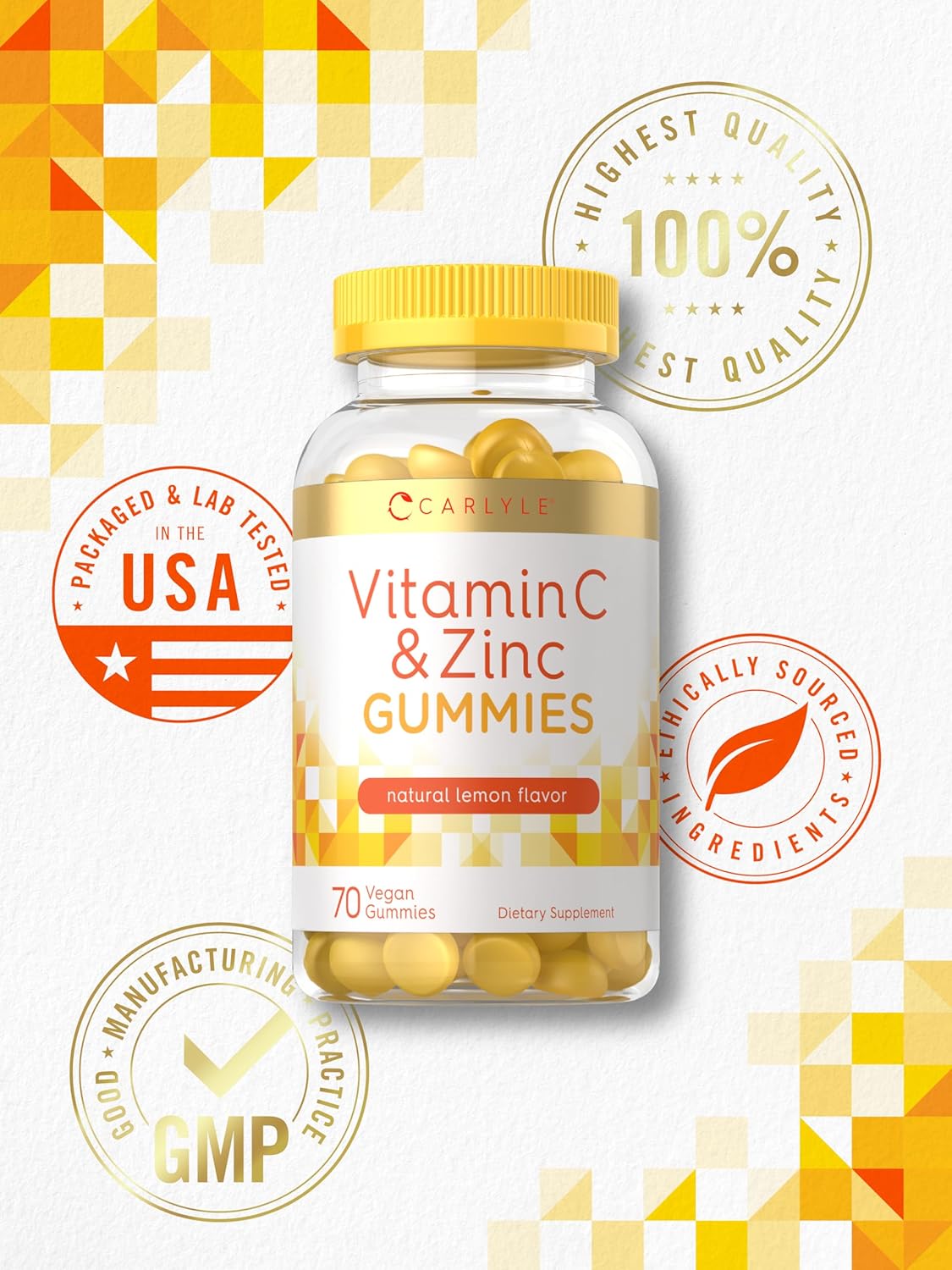 Carlyle Vitamin C and Zinc Gummies - 70 Count - Vegan, Non-GMO, Gluten Free - Lemon Flavor - Dietary Supplement - BoostGo Australia