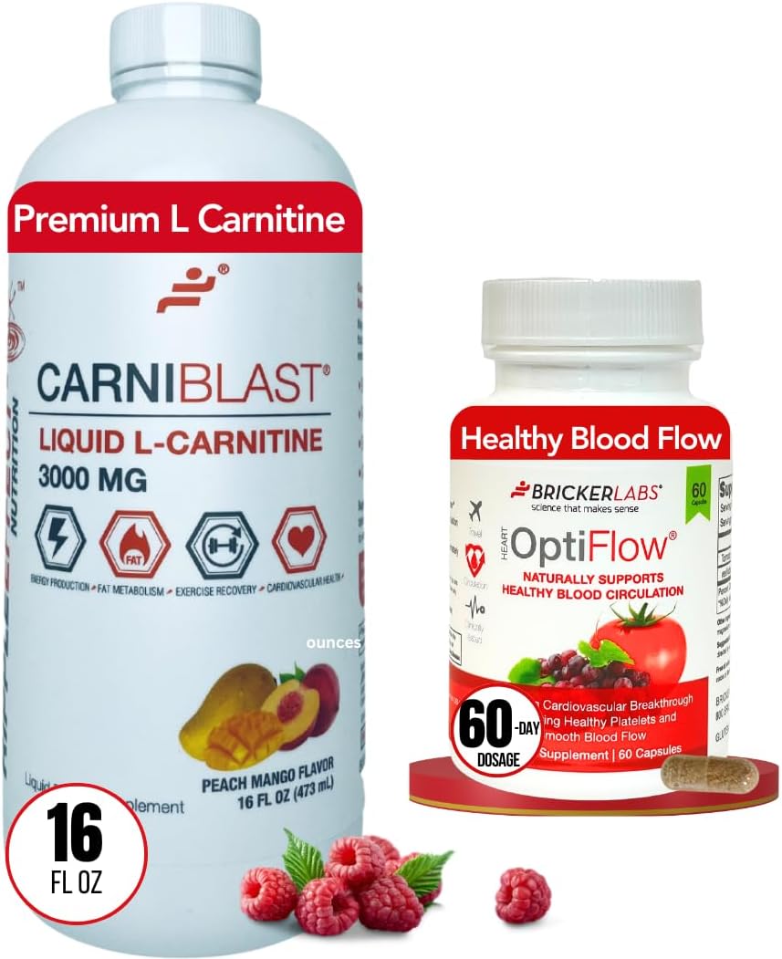 Carniblast Liquid L-Carnitine 3000 mg & Optiflow Blood Flow Supplement Combo, 60 Capsules - Enhance Power and Performance