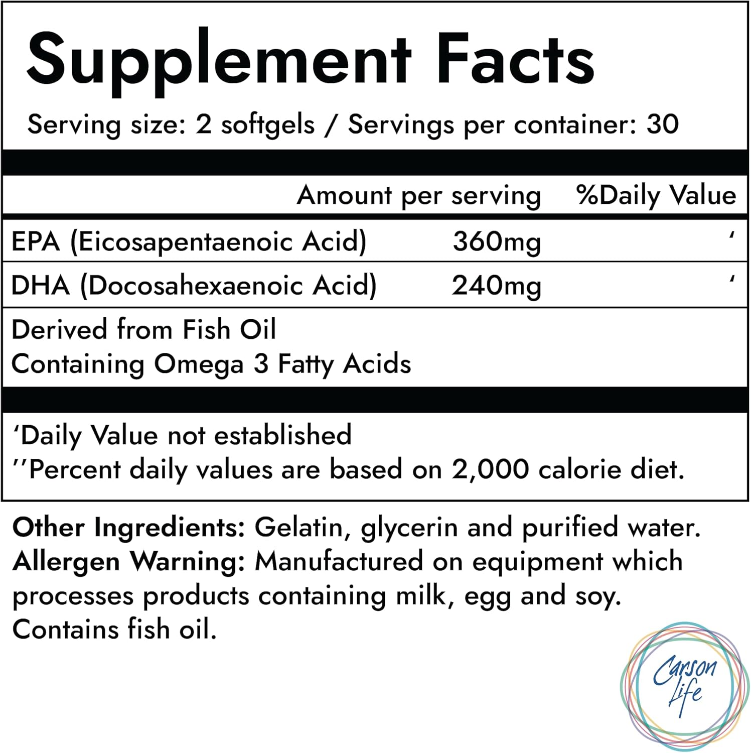 Carson Life DHA EPA Omega 3 Supplement - Brain Function Support Softgels - Made in USA - 60 Count