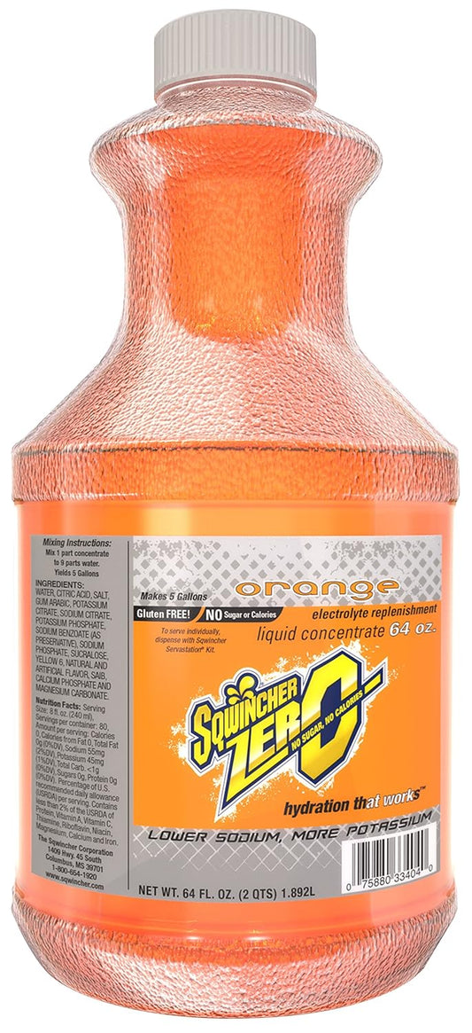 Case of 6 Sqwincher Zero Liquid Concentrate, Orange Flavor, 64 fl oz Each