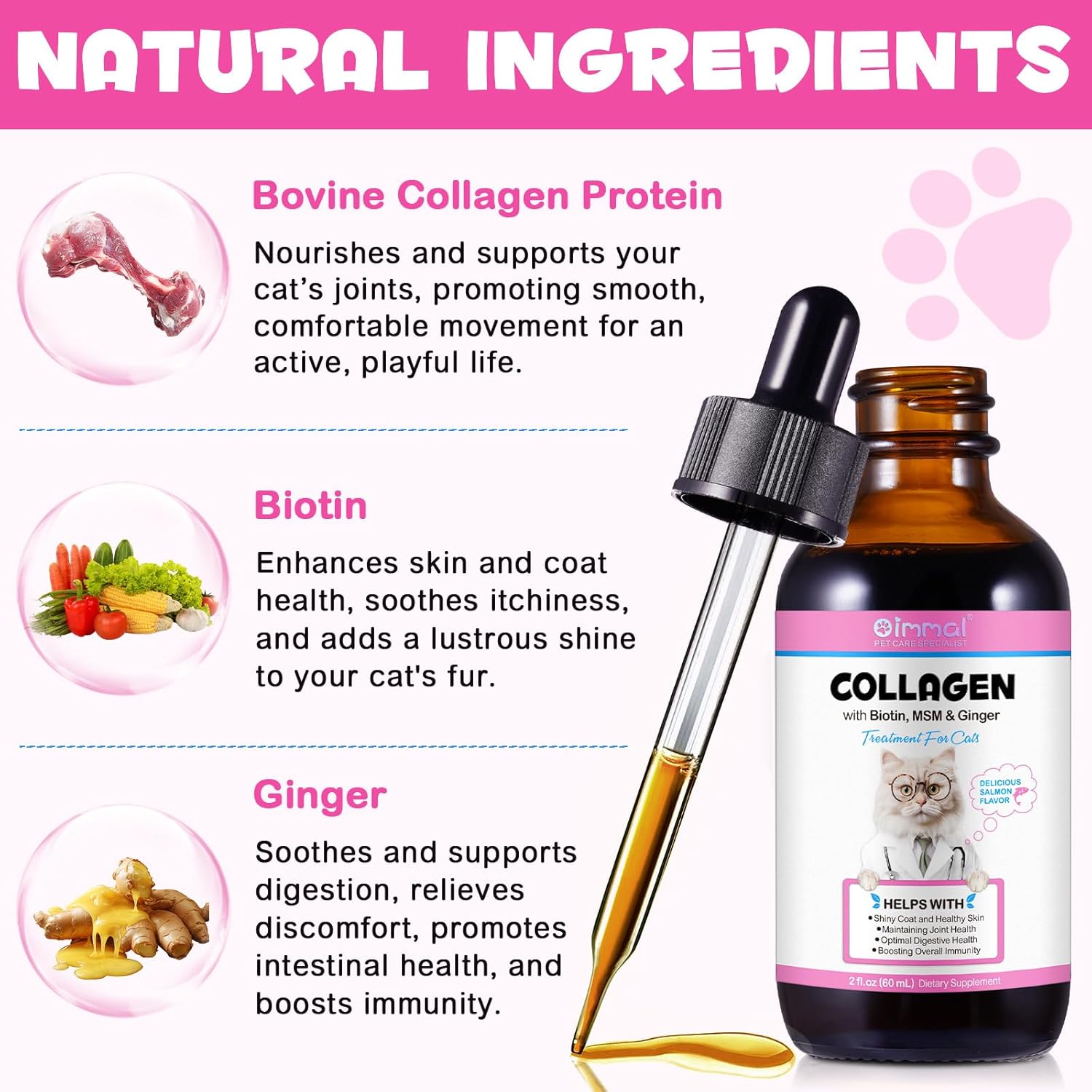 Cat Collagen Liquid Drops with Biotin, MSM & Ginger for Digestive & Immunity Support - 60ml, Pack of 2