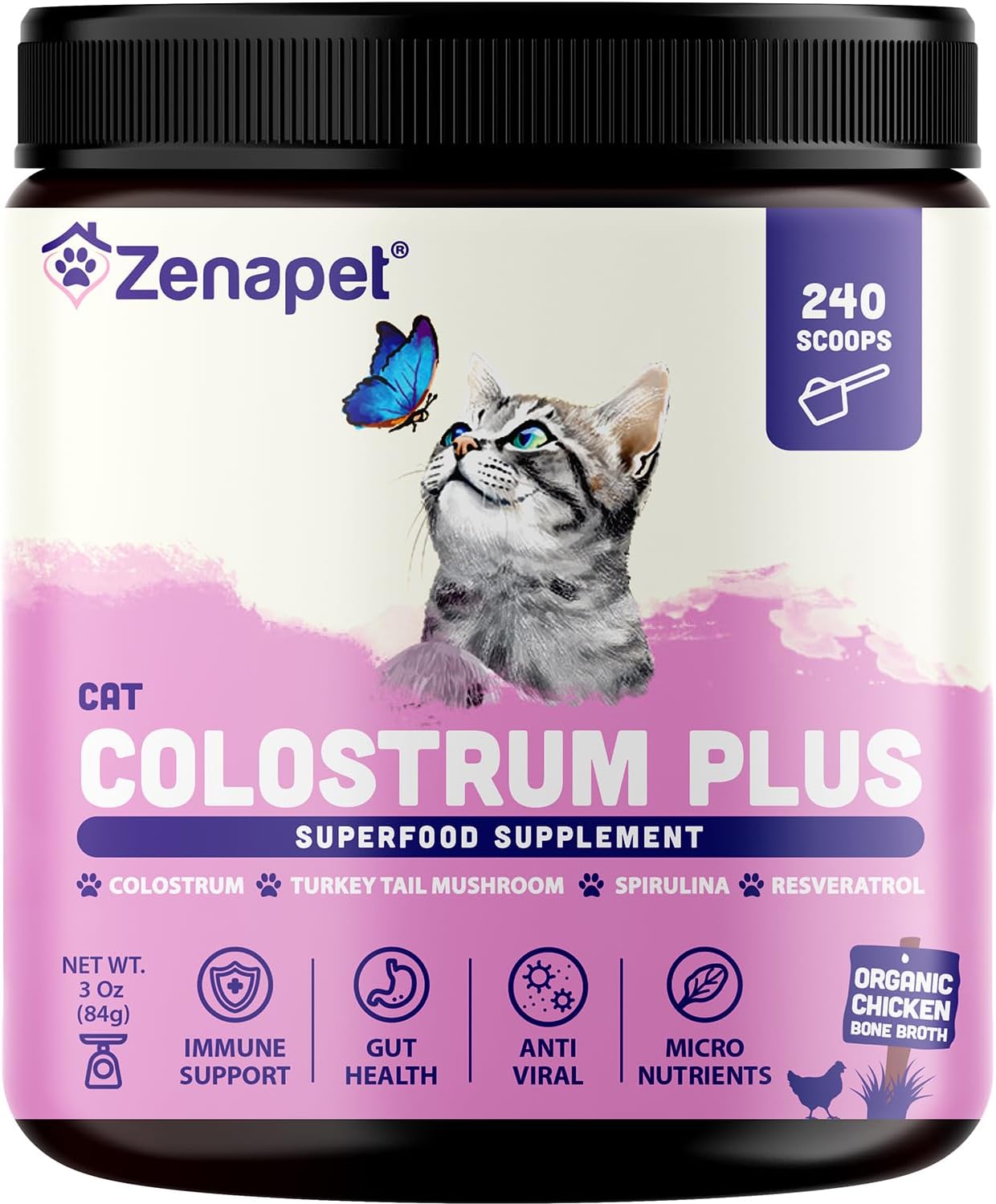 Cat Colostrum Plus Superfood Supplement for Immune, Digestive, Allergy Relief, Joint, Skin & Coat Health - 240 Day Supply