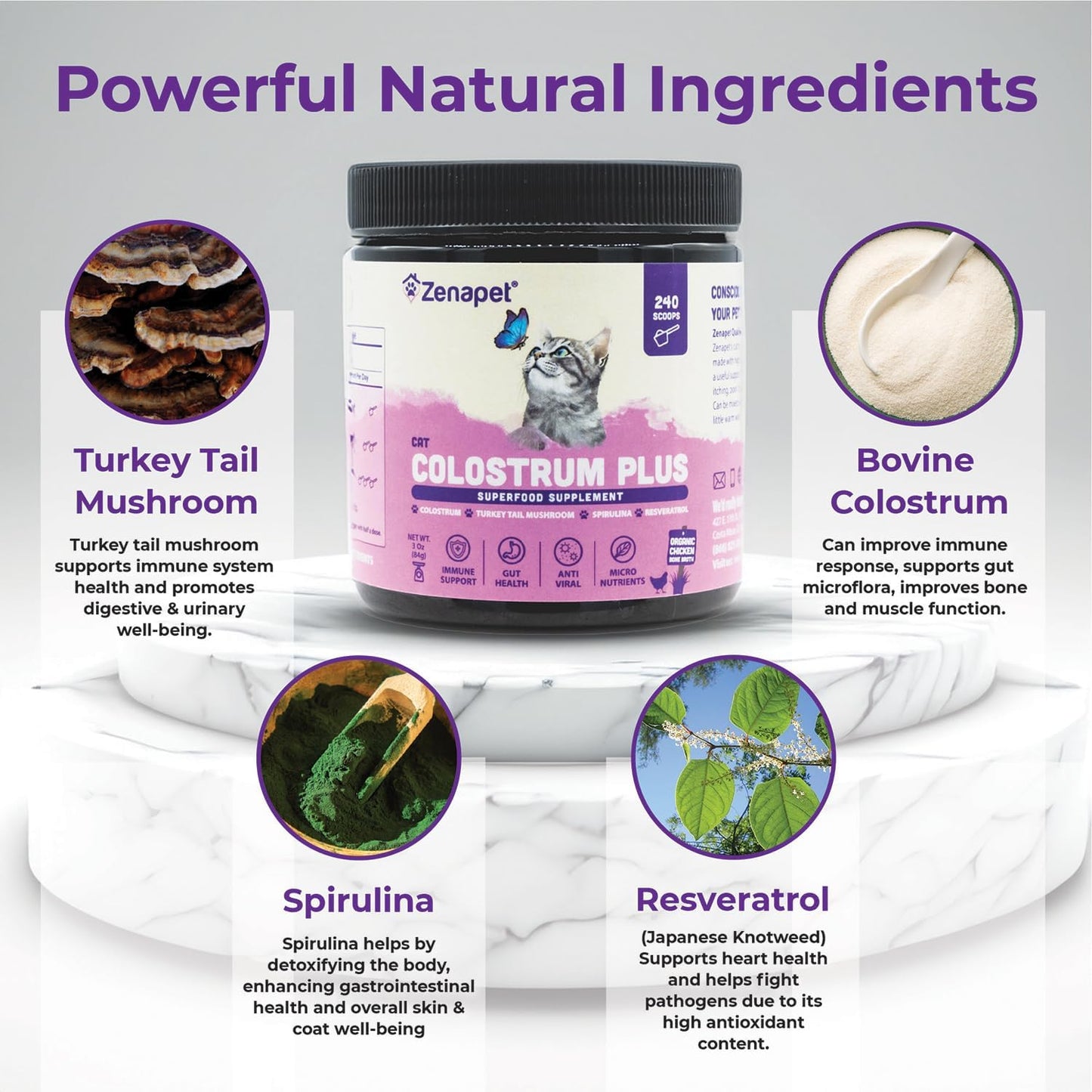 Cat Colostrum Plus Superfood Supplement for Immune, Digestive, Allergy Relief, Joint, Skin & Coat Health - 240 Day Supply