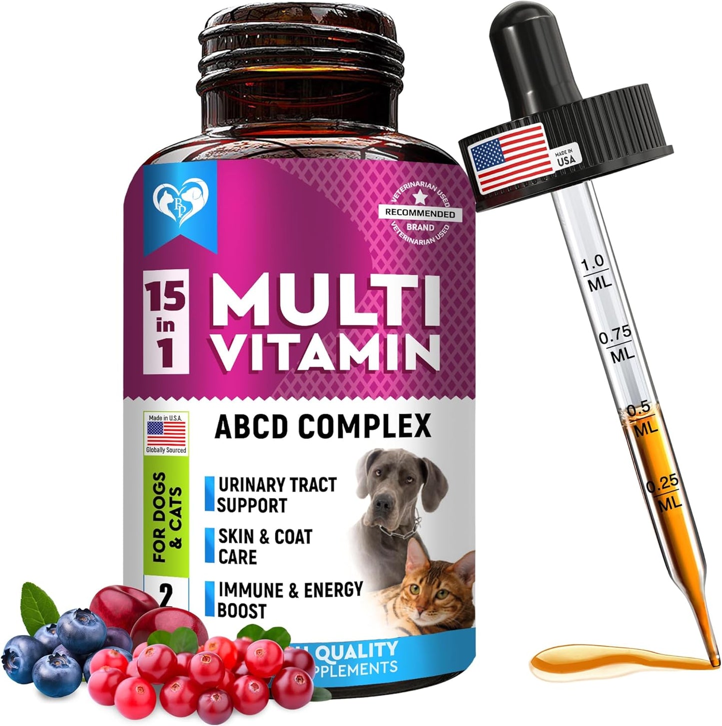 Cat & Dog Multivitamin Liquid with Glucosamine, Cranberry & 15 Health Supplements | Natural UTI Medicine for Kidney, Bladder, Hip, Joint, Skin & Coat | Made in USA (60 ml) - BoostGo Australia