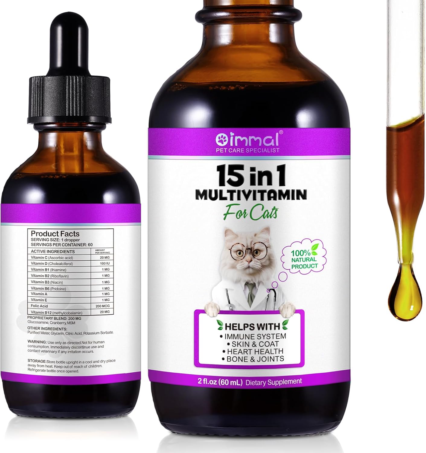 Cat Liquid Multivitamin Drops with Glucosamine & MSM - 15-in-1 Supplement for Skin, Heart, Bones, Joints, Immune Health - 60ml