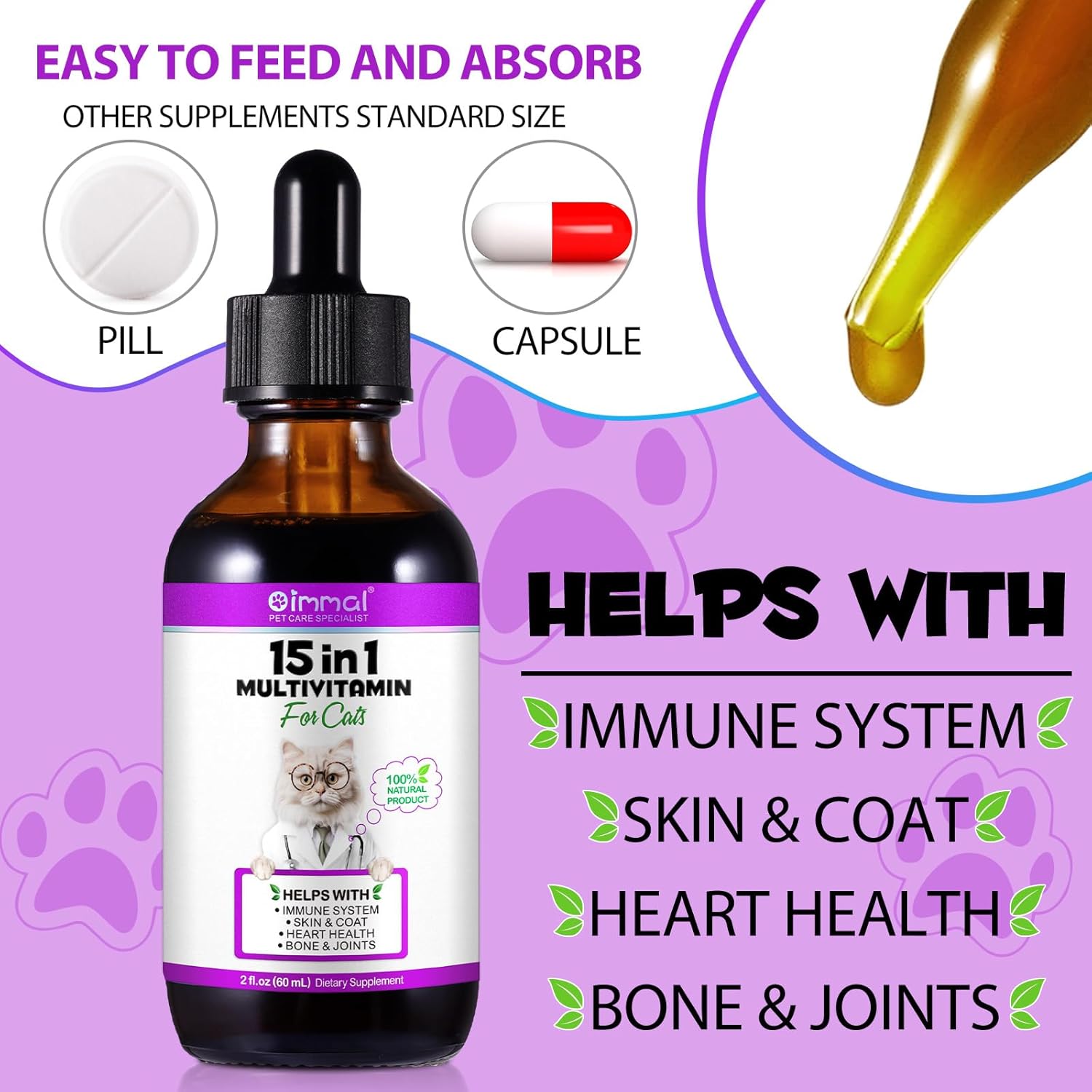 Cat Liquid Multivitamin Drops with Glucosamine & MSM - 15-in-1 Supplement for Skin, Heart, Bones, Joints, Immune Health - 60ml