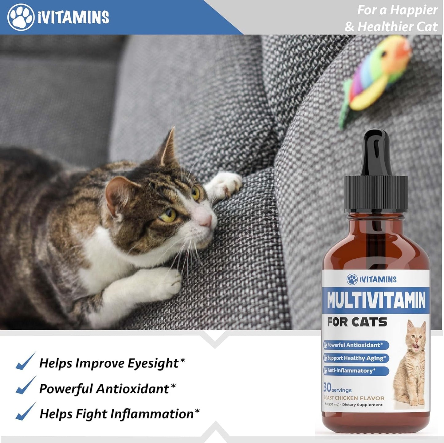 Cat Multivitamin for Immune, Skin, Coat, & Heart Health - Indoor Cat Supplements & Vitamins - Kitten Immune Support