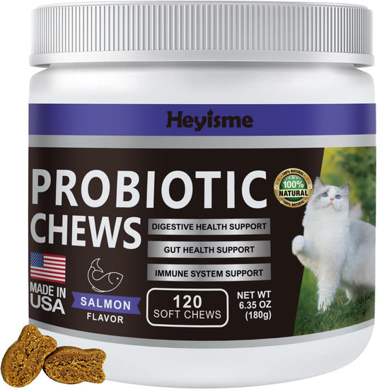 Cat Probiotic Chews for Gut and Immune Health - Salmon Flavored Digestive Support Supplement for Healthy Digestion, Constipation, and Diarrhea Relief - 120 Chews