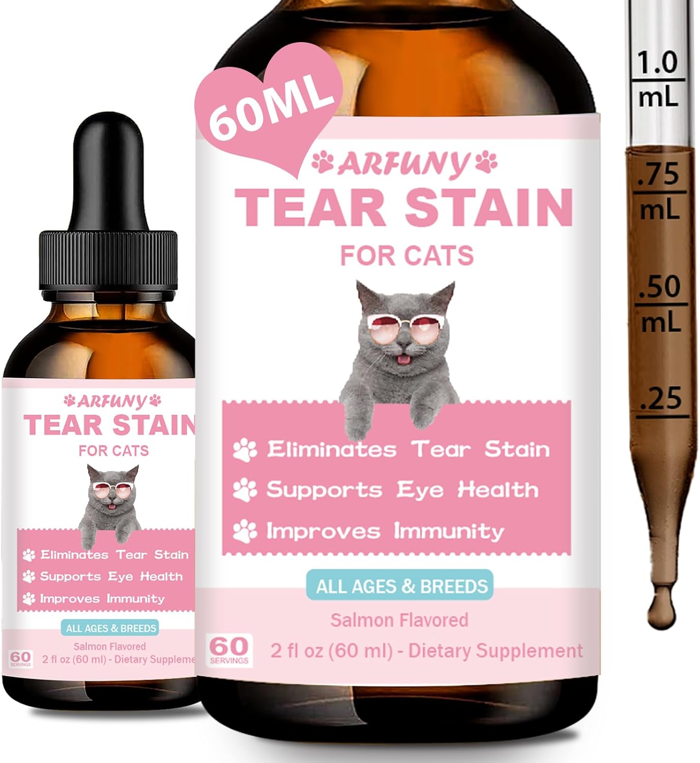 Cat Tear Stain Supplement with Cranberry and Marshmallow - Promotes Eye Health and Immune System - Salmon Flavor, 60ML