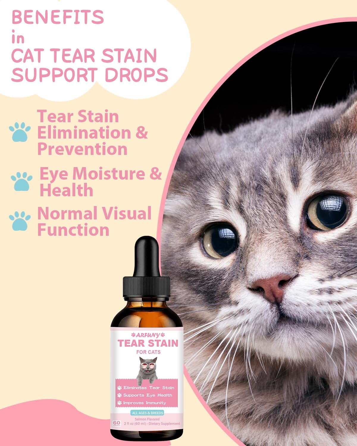 Cat Tear Stain Supplement with Cranberry and Marshmallow - Promotes Eye Health and Immune System - Salmon Flavor, 60ML