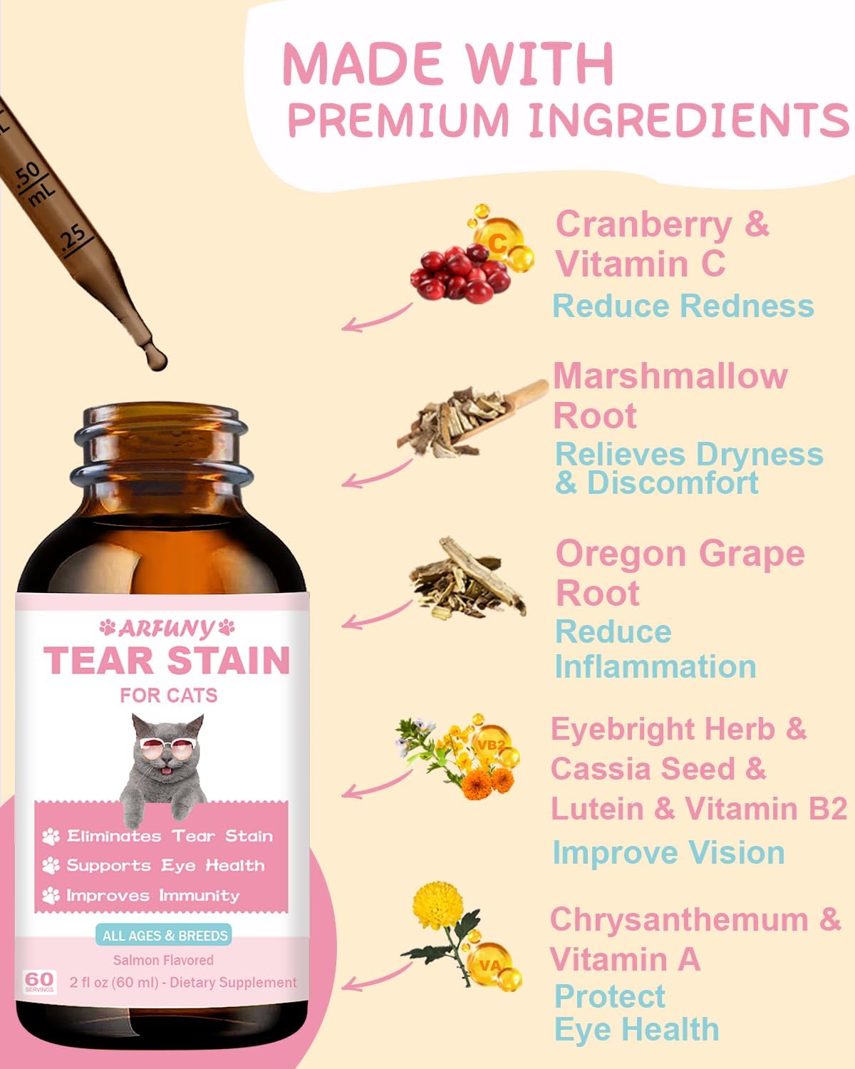Cat Tear Stain Supplement with Cranberry and Marshmallow - Promotes Eye Health and Immune System - Salmon Flavor, 60ML