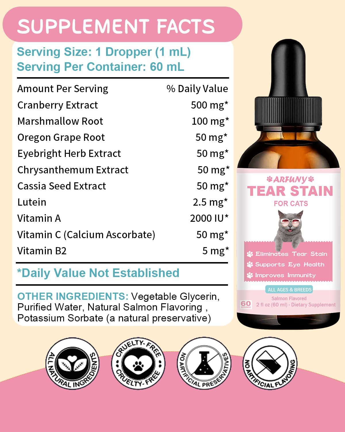 Cat Tear Stain Supplement with Cranberry and Marshmallow - Promotes Eye Health and Immune System - Salmon Flavor, 60ML