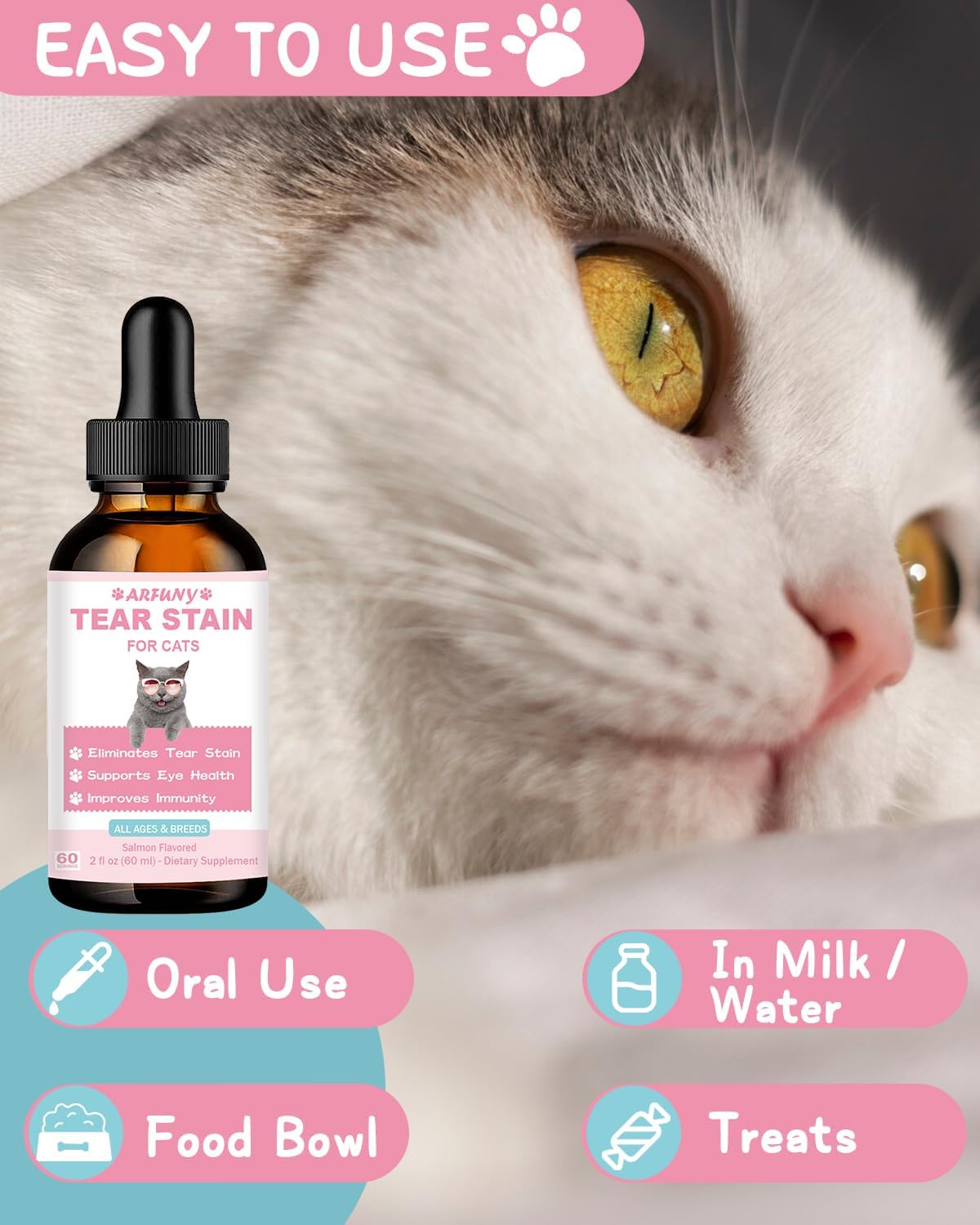 Cat Tear Stain Supplement with Cranberry and Marshmallow - Promotes Eye Health and Immune System - Salmon Flavor, 60ML