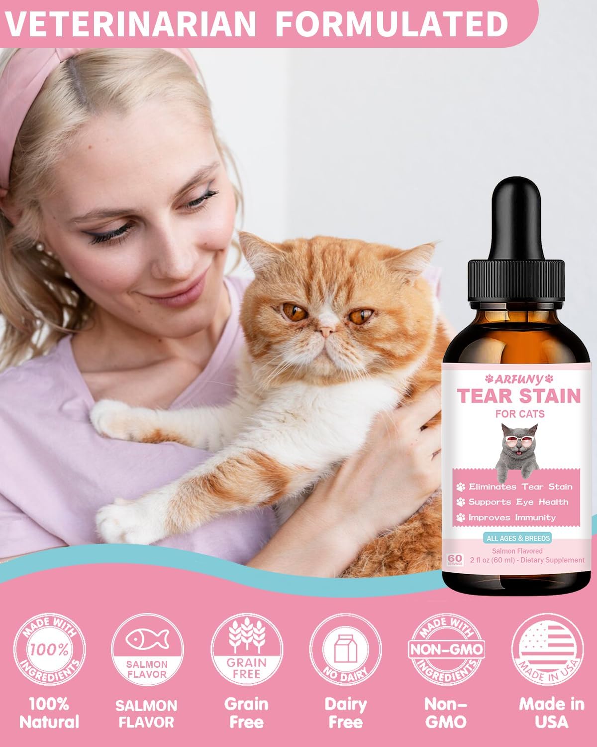 Cat Tear Stain Supplement with Cranberry and Marshmallow - Promotes Eye Health and Immune System - Salmon Flavor, 60ML