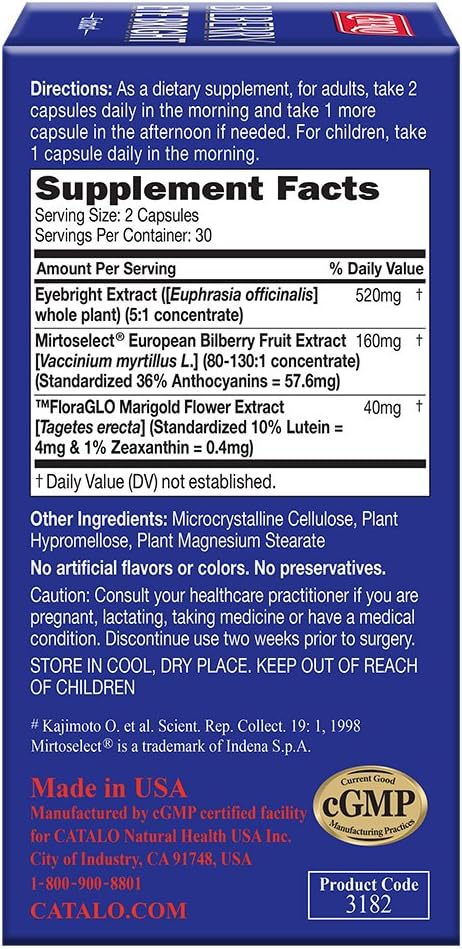 CATALO Bilberry EyeBright Extract Capsules for Vision Support - Bilberry, Eyebright, Lutein & Zeaxanthin - 60 Count - USA Made