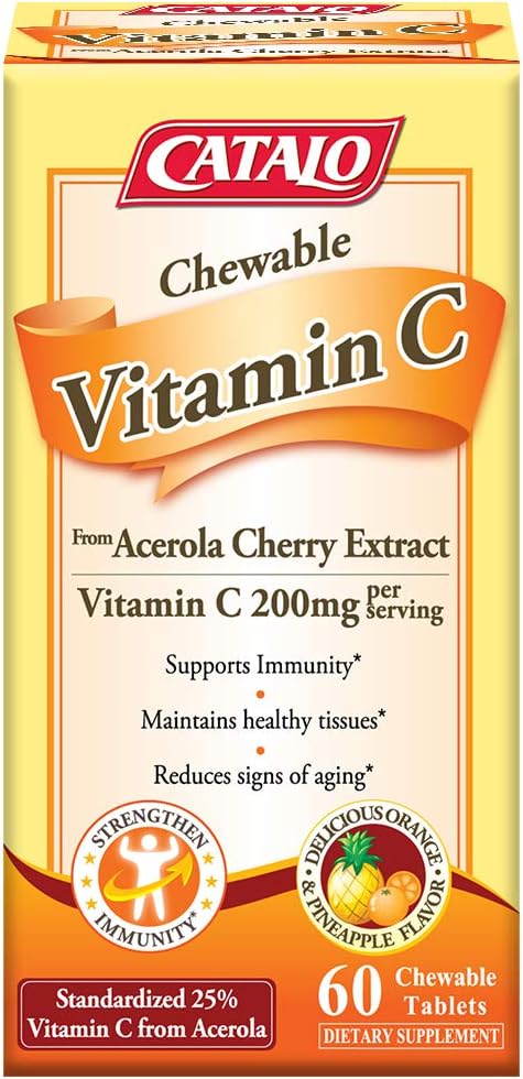Catalo Natural Vitamin C Formula Chewable Tablets with Acerola Cherry - Immune Boost, Anti-Aging, Skin Rejuvenation, Allergy Relief, Orange & Pineapple Flavor - 60 Count, 200mg - Made in USA