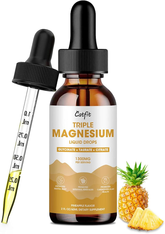 Catfit Triple Magnesium Complex with Potassium, Phospholipid, Omega-3 - Energy, Sleep, Bone Health - 2 Fl Oz Pineapple Flavor