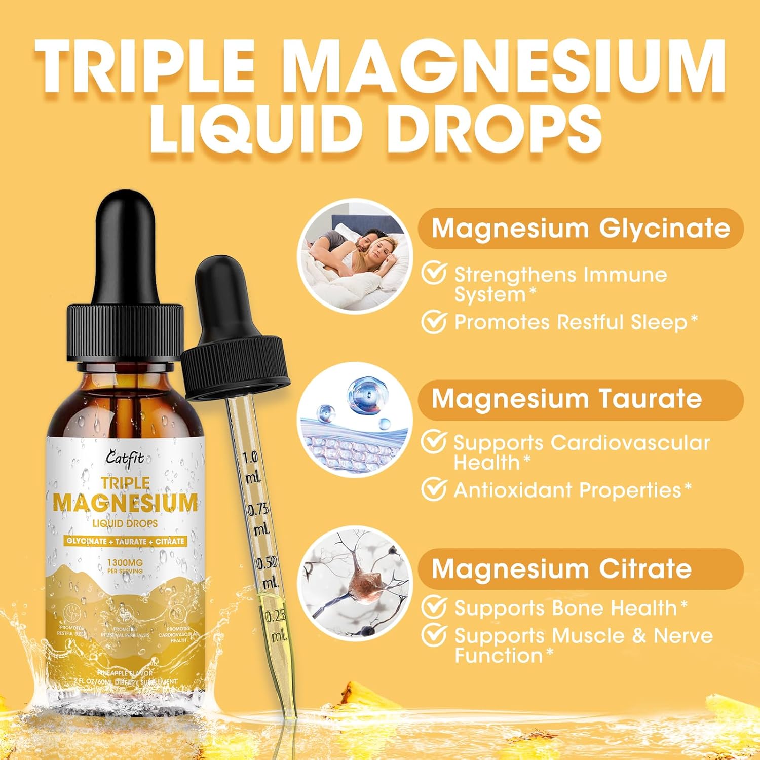 Catfit Triple Magnesium Complex with Potassium, Phospholipid, Omega-3 - Energy, Sleep, Bone Health - 2 Fl Oz Pineapple Flavor
