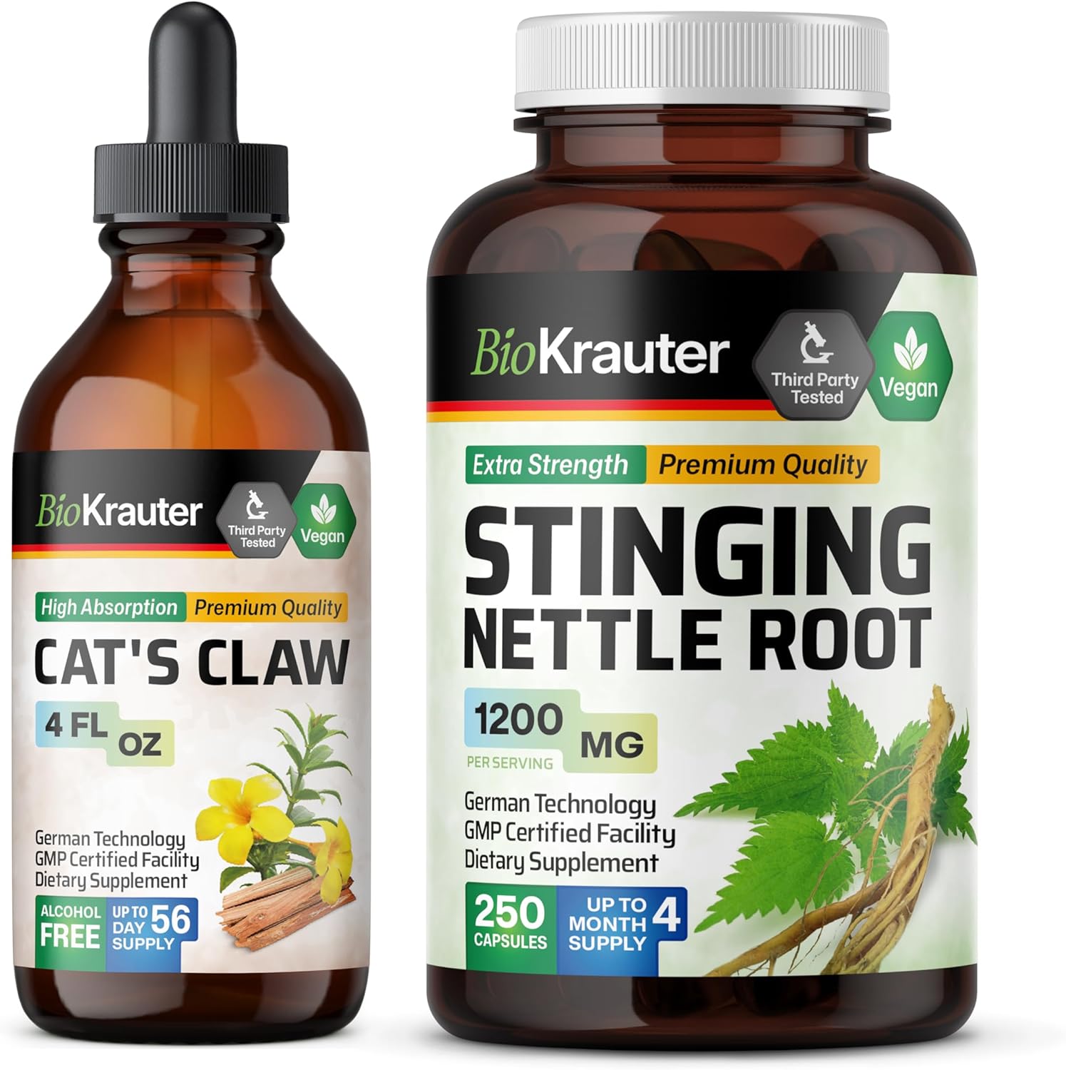 Cats Claw Tincture and Stinging Nettle Capsules Bundle - Natural Herbal Supplements for Wellness, 4 Fl. Oz. and 250 Count