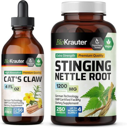 Cats Claw Tincture and Stinging Nettle Capsules Bundle - Natural Herbal Supplements for Wellness, 4 Fl. Oz. and 250 Count