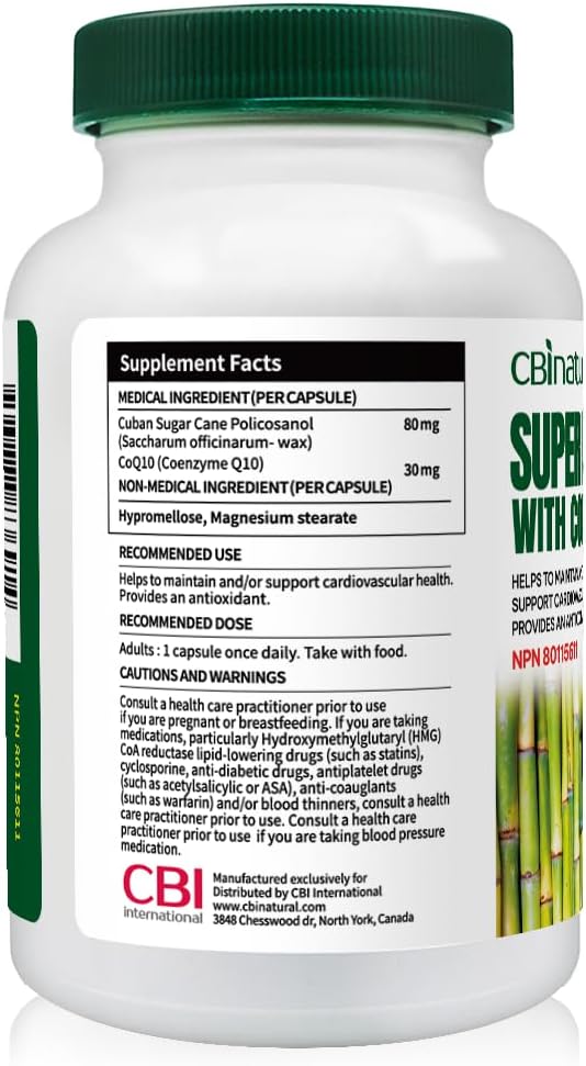 CBI Natural Super Policosanol 80mg with CoQ10 30mg, 120 Vegan Capsules - 4 Month Supply