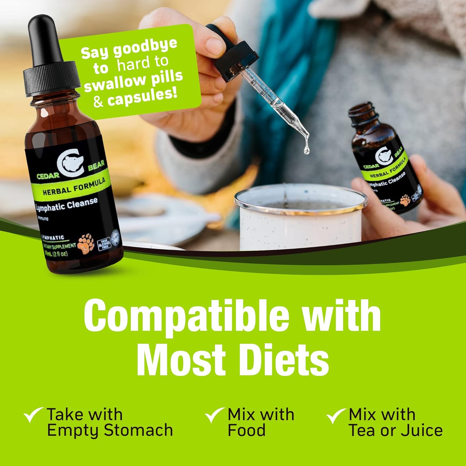 Cedar Bear Naturales Lymphatic Cleanse - Alcohol-Free Immune Support Supplement with Natural Herbs for Lymphatic Drainage, Liquid Herbal Supplements, 2 fl oz