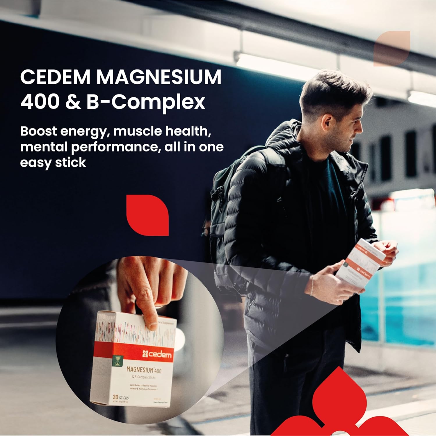 CEDEM Switzerland Peach Magnesium 400mg Powder Sticks with B Vitamins - Supports Bone Health and Energy - 20 Sachets