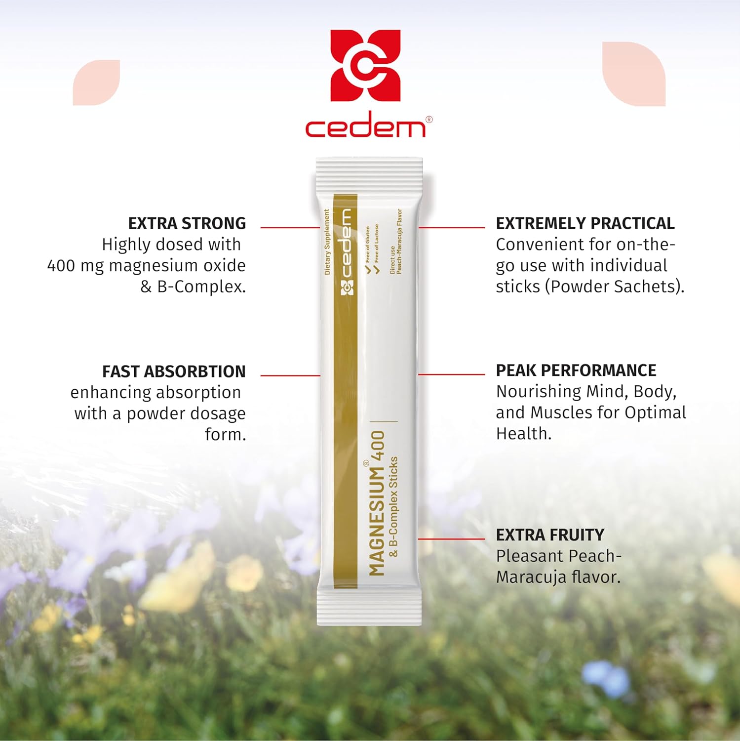 CEDEM Switzerland Peach Magnesium 400mg Powder Sticks with B Vitamins - Supports Bone Health and Energy - 20 Sachets